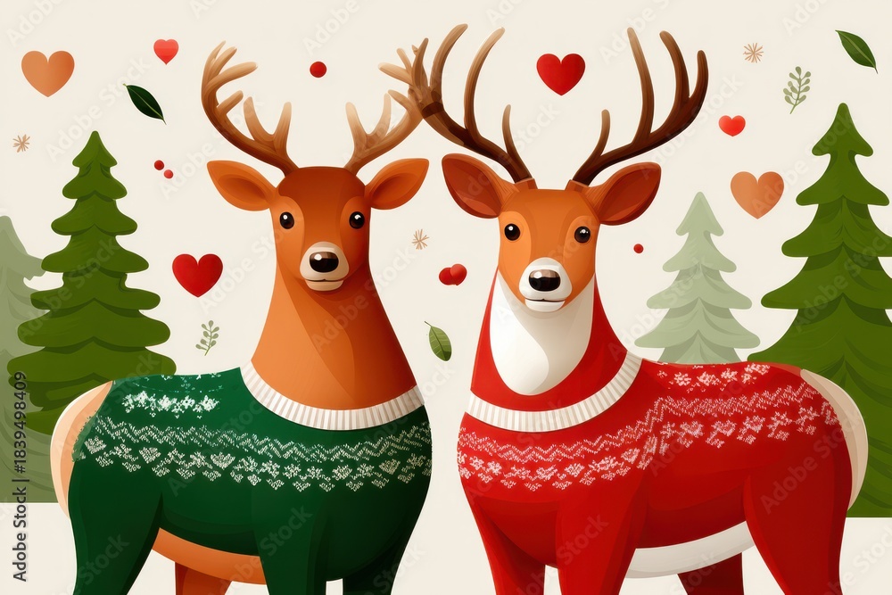 Naklejka premium Two deer in festive sweaters stand together in a winter forest scene