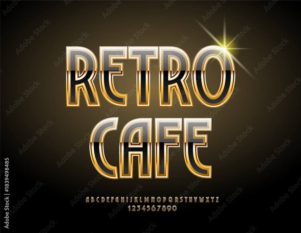Fototapeta premium Vector Vintage emblem Retro Cafe. Chic Black and Golden Font. Elegant Alphabet Letters and Numbers set.