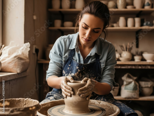Woman shaping clay on a pottery wheel in a workshop