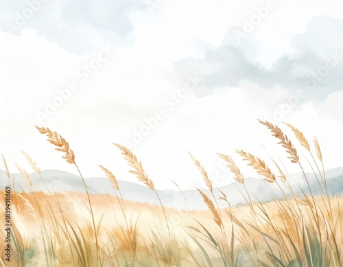 Painting depicts field of tall grass under open sky detailed artwork captures natural beauty of grassy landscape