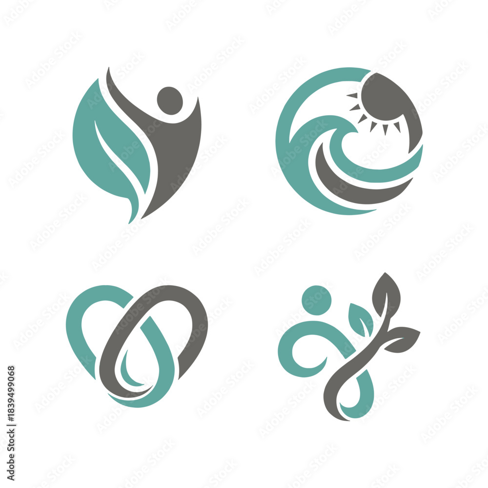 Fototapeta premium Modern abstract vector logo icons for nature, health, and wellness branding, depicting growth, community, and environmental themes in a clean, professional design.