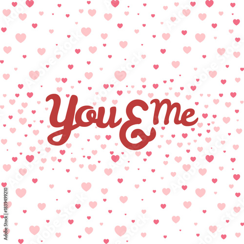 Romantic Calligraphy Text on Pink and Red Heart Confetti Pattern Background, Vector Illustration for Couple Relationships, Wedding Invitations, Social Media, and Valentine's Day Banners