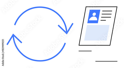 Data synchronization concept. Circular arrows convey continuous syncing, connecting user profile data across systems. Data synchronization ensures information consistency and integration. For tech