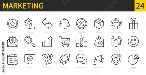 Marketing line icons set. Feedback, global, business, search, growth, e-commerce, website, social media, start up, communication, advertising, development, etc. Editable stroke. Vector illustration.