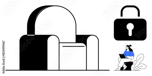 Data security concept. A secure lock icon s cybersecurity in modern workspaces. Data security ensures safe remote work and information protection. For cybersecurity, IT, workplaces, technology