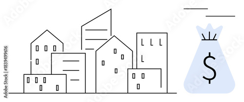 Urban buildings and dollar sign money bag representing real estate investment, property management, financial prosperity, and economic growth. Ideal for business, finance, wealth, investments, urban