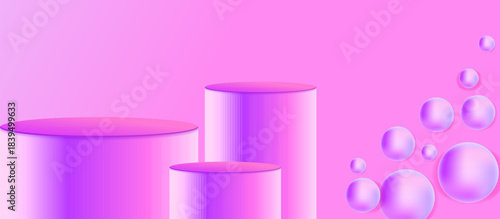 Elegant Pink Product Display Background: 3D Cylindrical Podium Platforms with Floating Gradient Spheres on a Soft Bright Backdrop