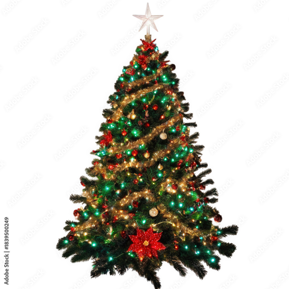 Obraz premium Colorful lighted Christmas pine tree on round base, glowing New Year decoration for celebration, advertising, and design