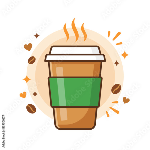 Vector illustration of hot disposable coffee cup with green sleeve and steam.