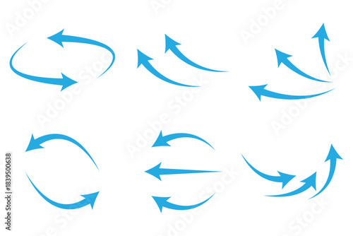 Air flow arrows set. Set of blue arrow showing wind air flow. Vector set of air flow arrows. Blue air flow arrows showing wind circulation and ventilation. Vector Set of Blue Air Flow and Wind.