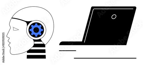 Artificial intelligence, robotics, innovation, machine learning, computational systems, future technology. Robotic head with gear near a laptop. Artificial intelligence and robotics concept