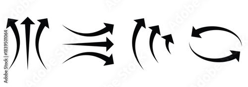 Air flow arrows set. Set of black arrow showing wind air flow. Vector set of air flow arrows. Black air flow arrows showing wind circulation and ventilation. 