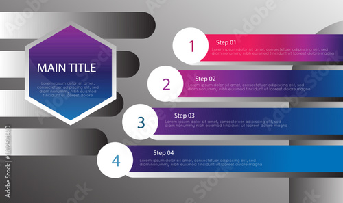 Gradient Infographic Template with Hexagon Main Title and Four Steps, Featuring Purple and Blue Color Transitions, Ideal for Business Presentations, Corporate Strategy, and Digital Workflow Diagrams