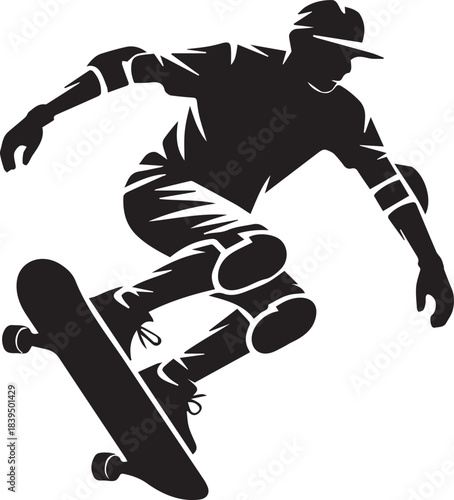 Black silhouette of a skateboarder performing a trick on a white background black and white