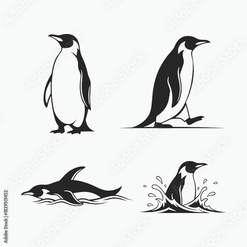 Stylized penguin illustrations in various poses standing walking and swimming