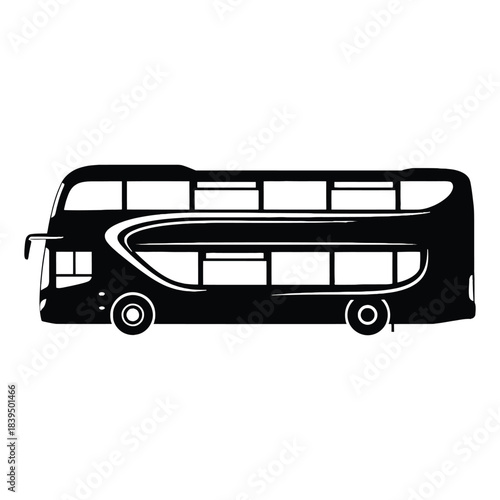 A simple black and white illustration of a classic double decker bus
