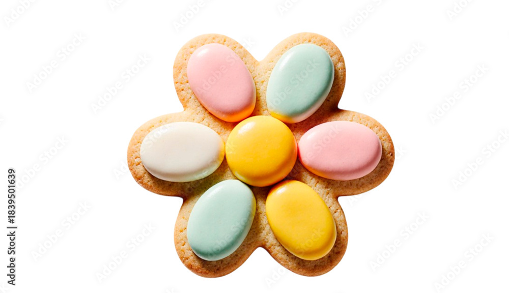 Obraz premium colorful daisy-shaped cookies on white background