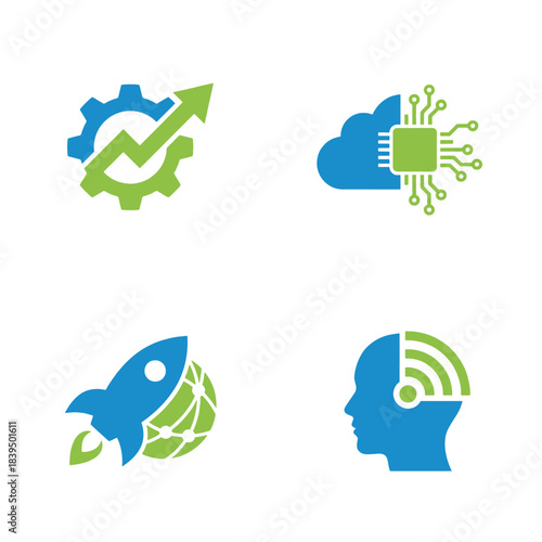Modern Technology and Innovation vector icons illustrating Digital Growth, Data management, Cloud computing, AI concepts, and Network Engineering for diverse Business applications.