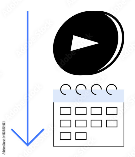Video streaming, digital scheduling, online events, content management, time organization, video playback. Play button, calendar downward arrow download. Video streaming and digital scheduling