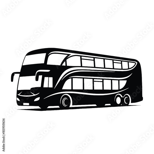 A sleek black and white sketch of a classic double decker passenger bus