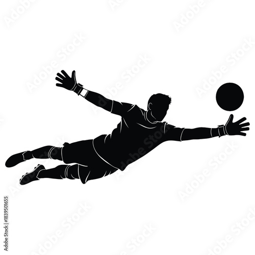 A dynamic silhouette of a soccer goalkeeper diving to save the ball
