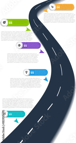 Vertical perspective   roadmap infographic template detailing a winding highway with labeled milestones, business planning journeys, customer expe