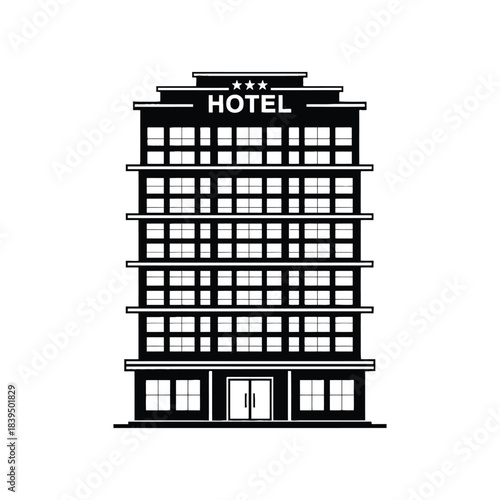 Simple black and white illustration of a multi story hotel building facade