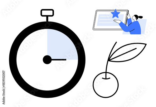Time management, productivity, goal setting, accomplishment, personal growth, motivation. Stopwatch, person with certificate cherry with leaf. Time management and productivity concept