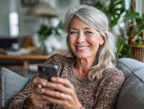 Wallpaper Mural Happy elderly woman using smartphone while relaxing on couch at home Mature lady reading message on her cell phone Beautiful smiling older female surfing web on her device Torontodigital.ca