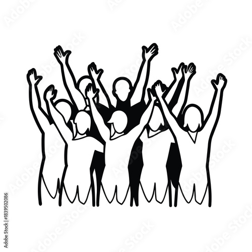 A vibrant vector illustration showing a group of active people dancing and jumping in silhouette at a disco party