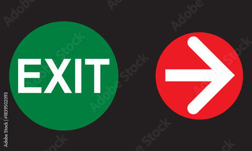 Exit direction icon with green exit symbol and red right arrow, emergency navigation icon, directional safety signage graphic