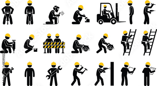 Set of construction worker icons, industrial safety pictograms, builders with yellow hard hats using tools, vector illustration isolated on white.
