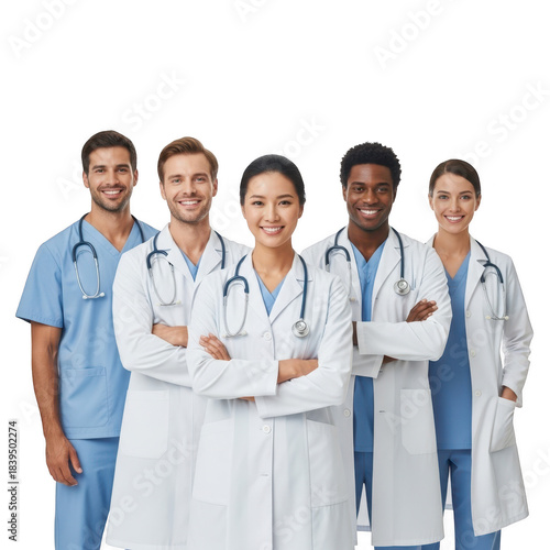 A diverse and confident team of medical professionals smiling at the camera, symbolizing healthcare unity and expertise isolated on transparent background