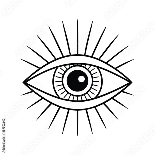 Black and blue vector illustration of a human eye symbol with iris, sign, and circular design element