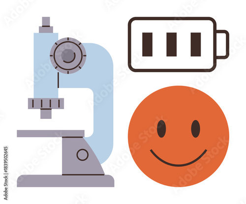 Microscope representing research, battery charging for energy, smiling face for well-being. Ideal for education, innovation, science, energy, positivity health and technology concepts. Minimalist