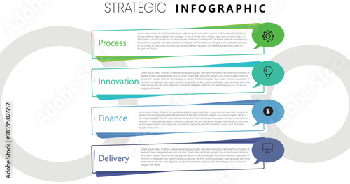 Horizontal strategic business infographic template presenting four overlapping steps/options  ideal for corporate reports, marketing proposals, and business planning presentations.