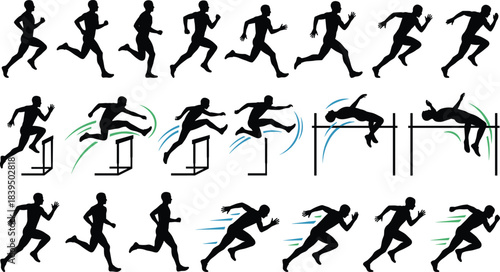 Track and field athlete silhouettes set, running men, sprinting, high jump, hurdles, sport vector illustration collection, competition icons, isolated white.