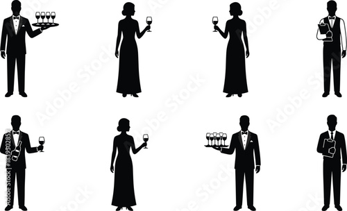 Waiter and waitress silhouette icons set, vector people holding wine glass, tray, menu, and bottle, for restaurant dining service design.