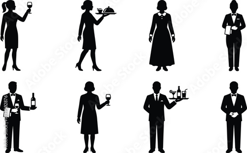 Waiter and waitress silhouette set, restaurant service staff icons, butler holding tray and wine, hospitality vector collection isolated on white background