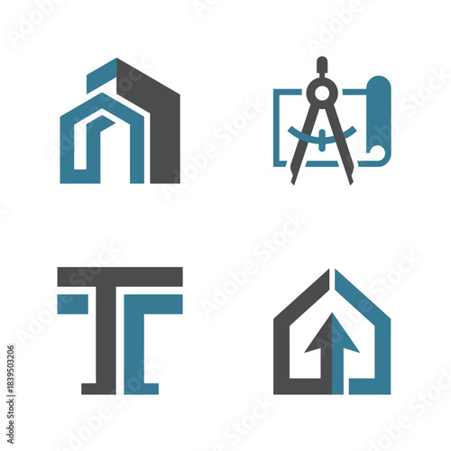 Modern Geometric Architecture Building Design Logos Vector Set for Construction and Real Estate Property Development showcasing abstract concepts.