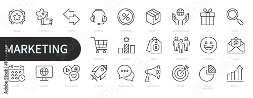 Marketing line icons set. Website, social media, feedback, global, business, search, growth, e-commerce, advertising, development, start up, communication, etc. Editable stroke. Vector illustration.
