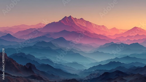 Layered Mountain Ranges Under a Vibrant Sunset Sky with Pink and Orange Hues mountains peaks photo