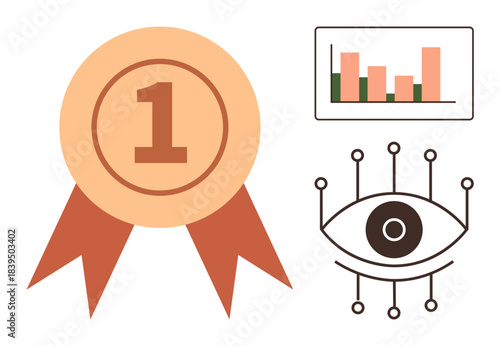 Number 1 medal ribbon, bar chart, and digital eye icon emphasize recognition, analysis, and innovation. Ideal for success, ranking, monitoring research insight leadership. Simple flat metaphor