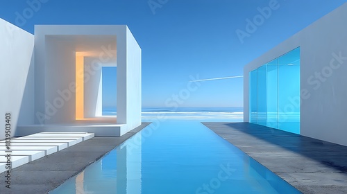 Modern photo white architecture with infinity pool and ocean view under clear blue sky building minimalist