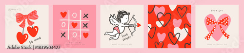Set of Valentines Day card designs in hand-drawn doodle style featuring a Cupid with a bow and arrow, hearts with bows, a cherry, and a tic-tac-toe game, in red and pink colors, symbolizing love and
