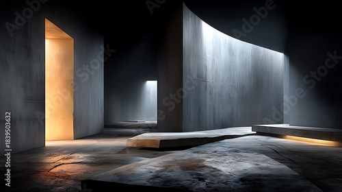 Minimalist Concrete Architecture with Dramatic Lighting stock image photo