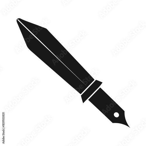 Stylized black fountain pen with a sharp nib on a black background