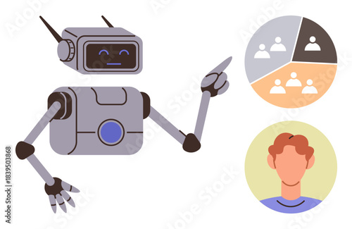 Humanoid robot interacting with pie chart showing analytics and user demographics. Ideal for automation, AI, data analysis, robotics, technology, innovation, digital transformation, and customer