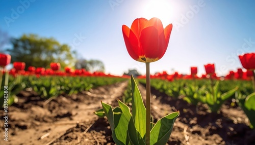 Single red tulip stands out among field of tulips striking red bloom contrasts with surrounding tulip field