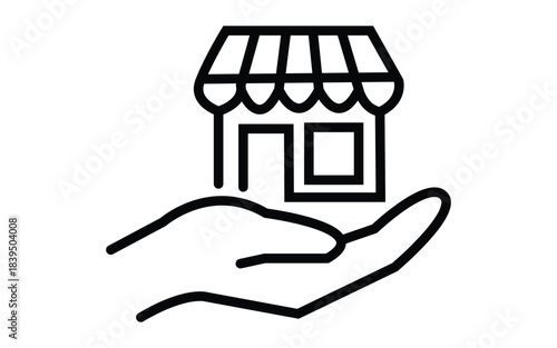 Hand holding small storefront building icon small business shop concept